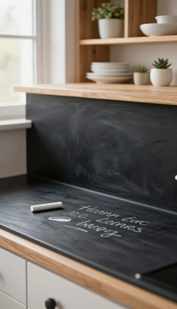 Chalkboard paint backsplash in a cozy kitchen with wood shelves, white dishes, and greenery