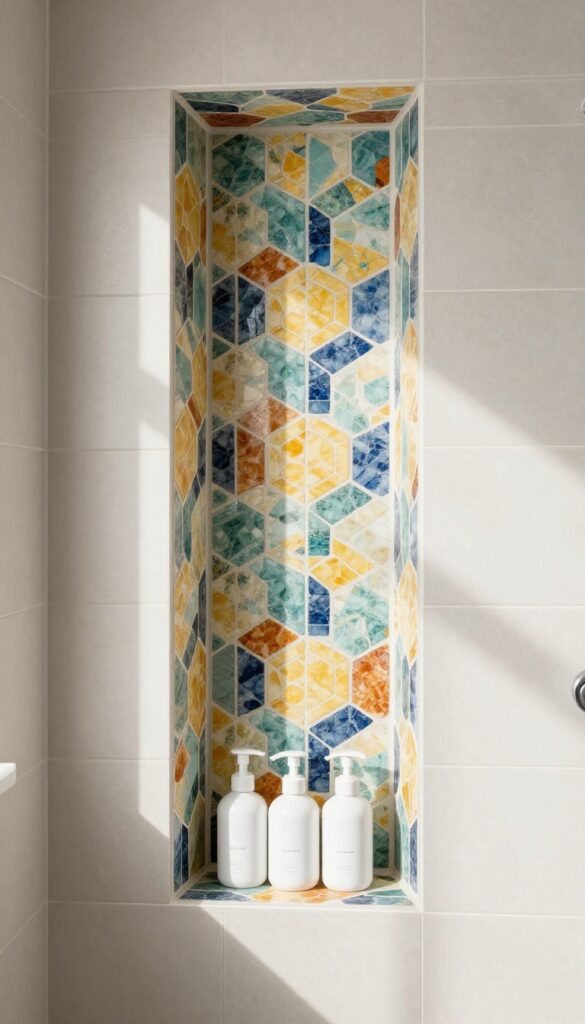 Built-in shower niche with contrasting tile and sleek bottles