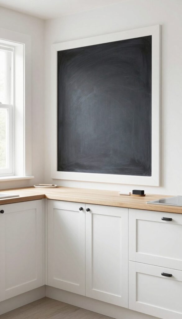 White bead board backsplash with a chalkboard insert in a bright kitchen