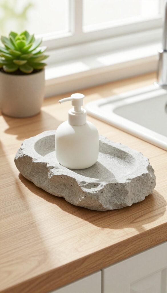Soft gray textured stone soap tray on warm wood countertop by farmhouse sink with white ceramic soap dispenser and small succulent