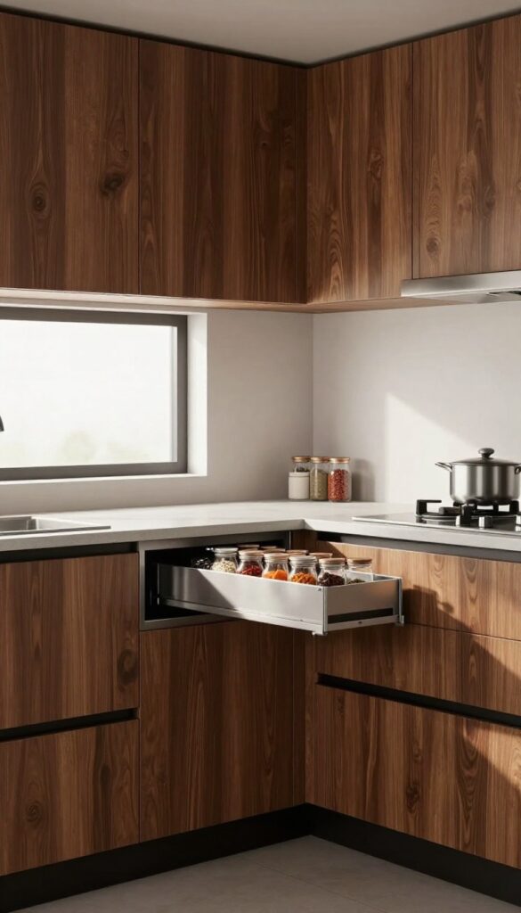 Dark wood kitchen cabinet with built-in pull-out spice rack next to stove