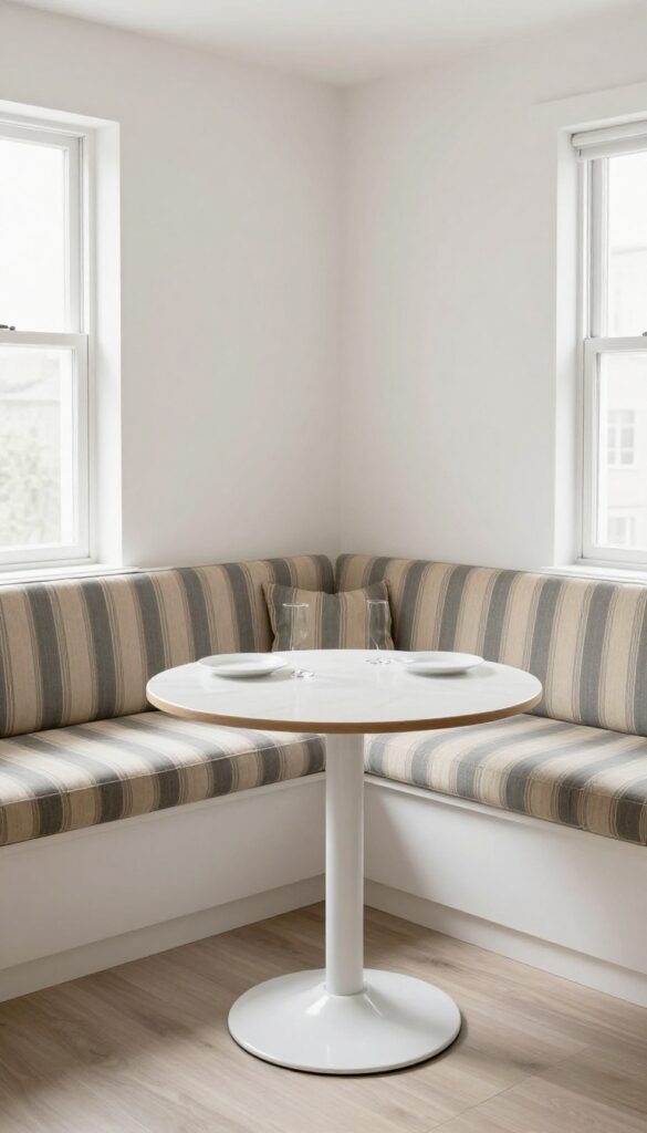 Cozy L-shaped bench with cushions in a bright kitchen corner, round pedestal table, natural light.