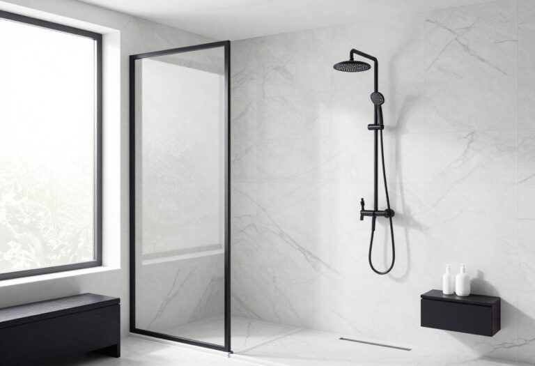 Modern black and white shower with marble tiles, matte black fixtures, and a glass enclosure