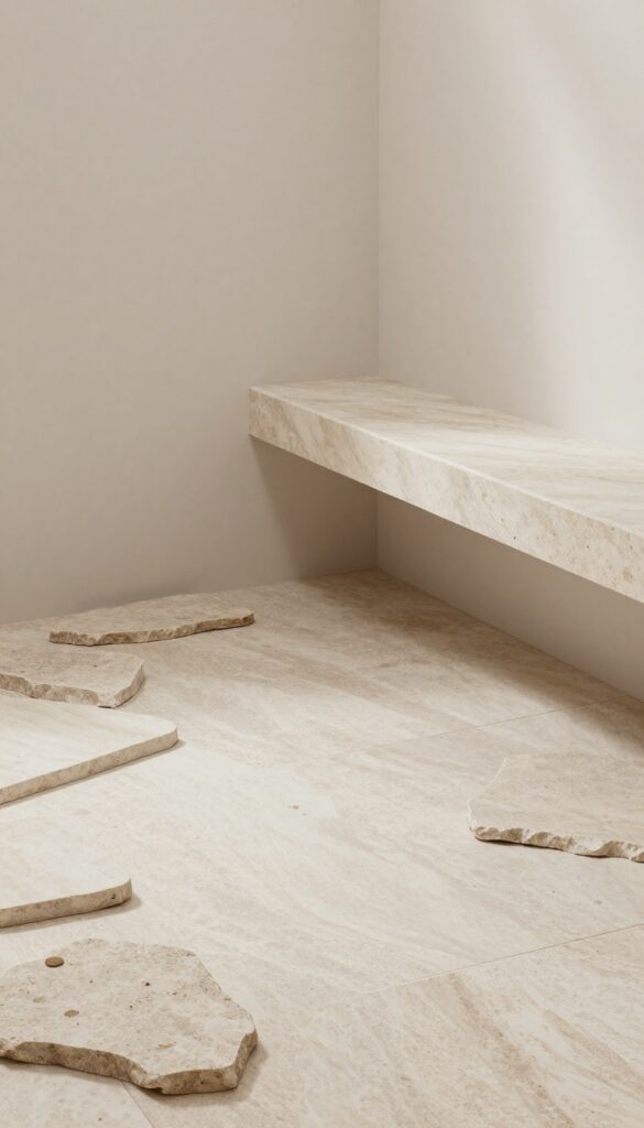 Natural stone slivers as a textural feature in a shower interior with bright natural light and clean composition.