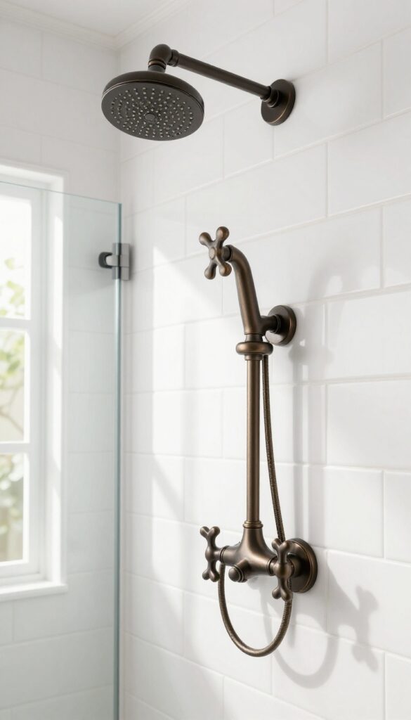 Vintage cross-handle shower faucet in oil-rubbed bronze on white subway tile