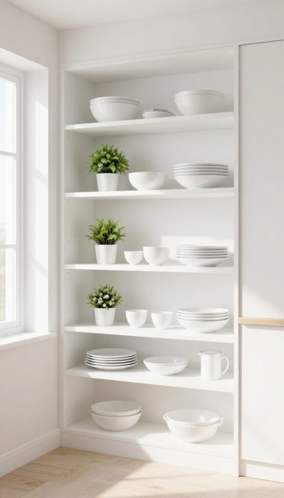 Modern kitchen with open shelving painted to match cabinets for a built-in look