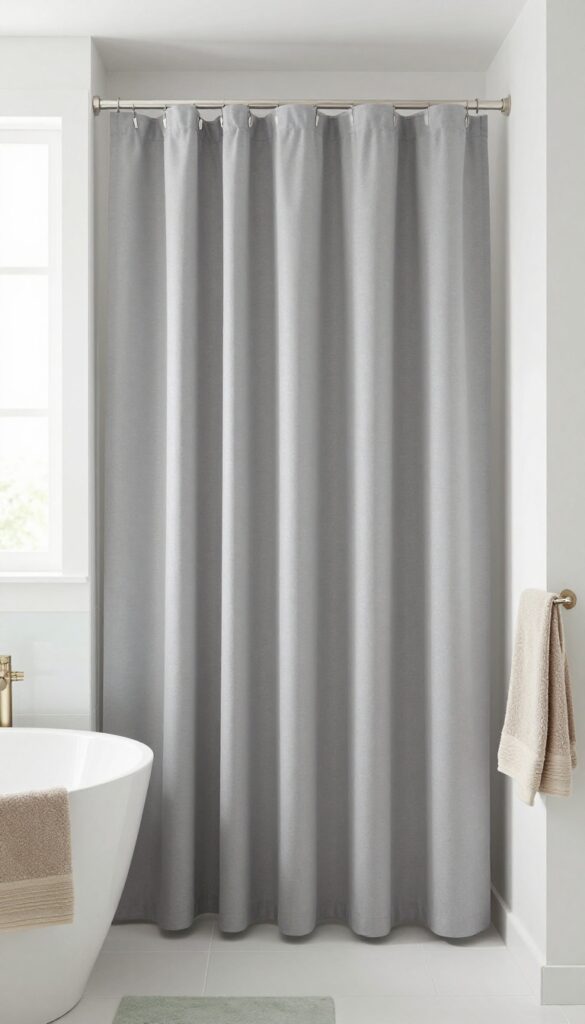 A bright, photorealistic bathroom scene showing a tall gray shower curtain matching the wall color for a seamless look, with natural light, textured fabric, tonal accessories like towels and bath mats, and minimalist metal finishes to enhance spaciousness without visual clutter.