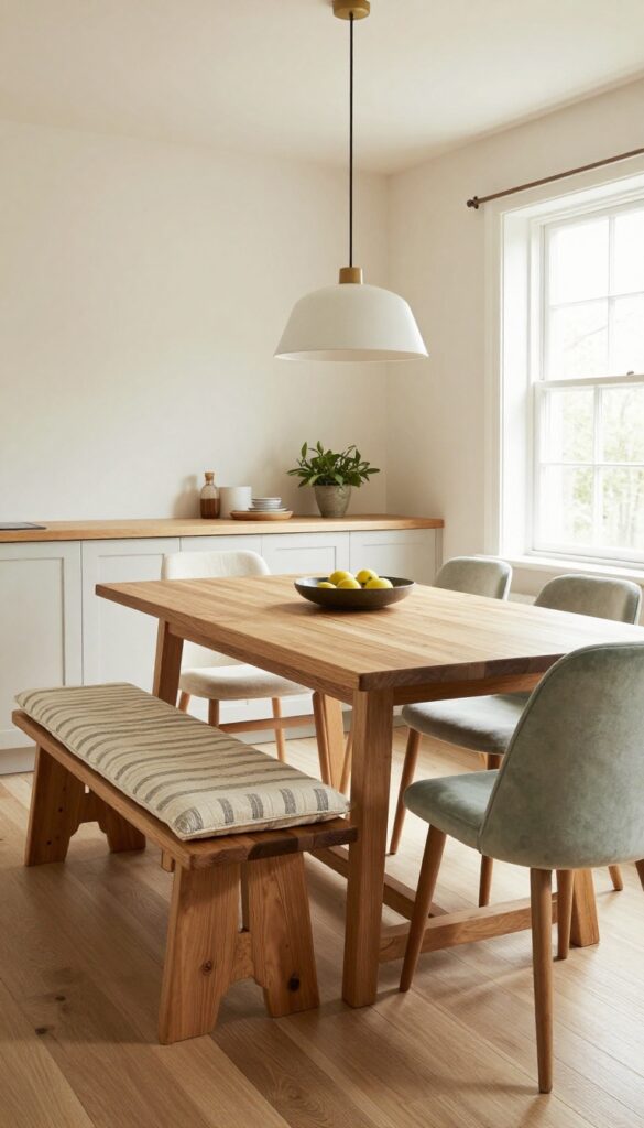 Mixed seating dining nook with bench and mismatched chairs