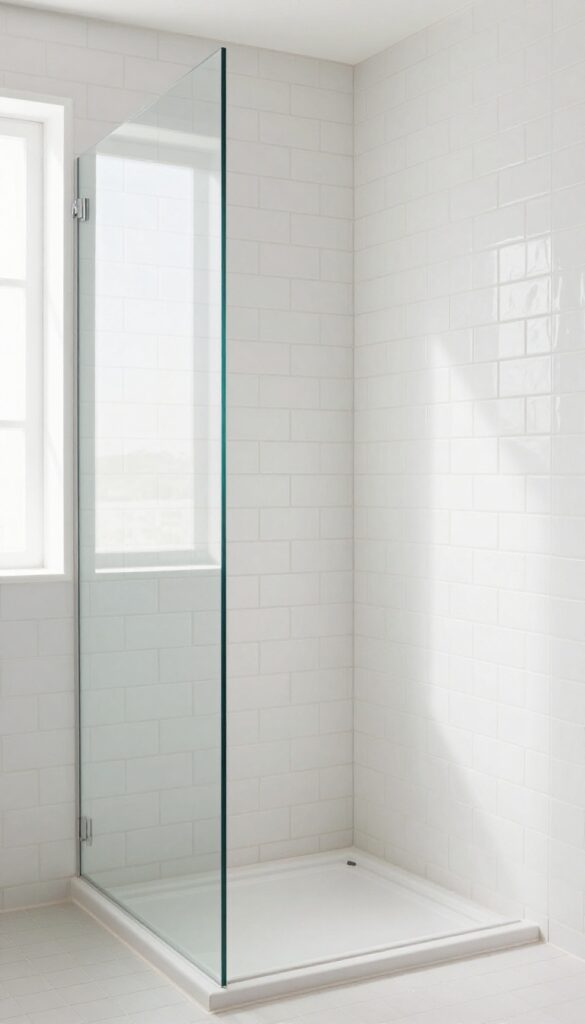 Small bathroom shower with vertical stacked tile layout to add height