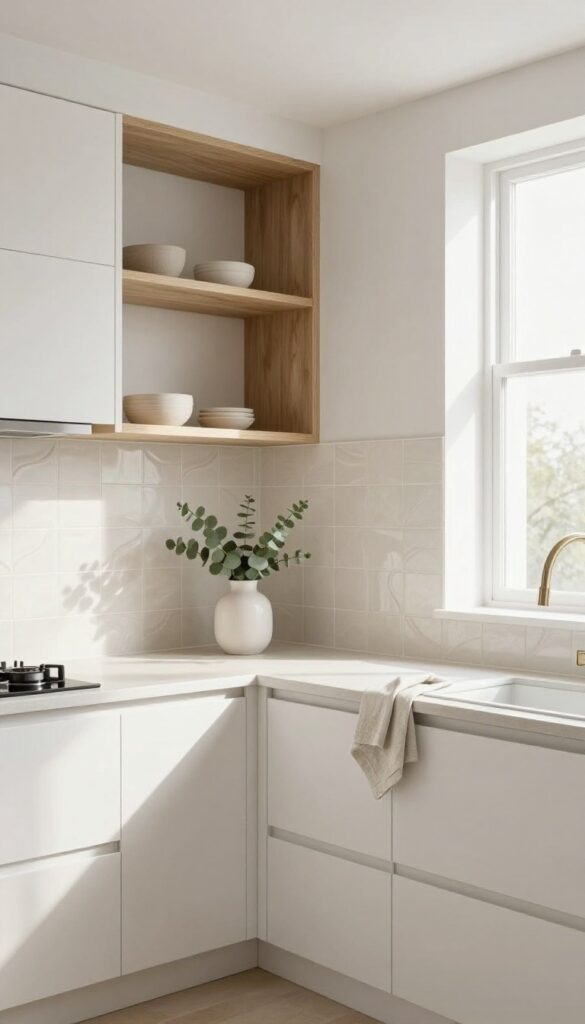 Neutral kitchen with subtle zellige backsplash showing natural movement