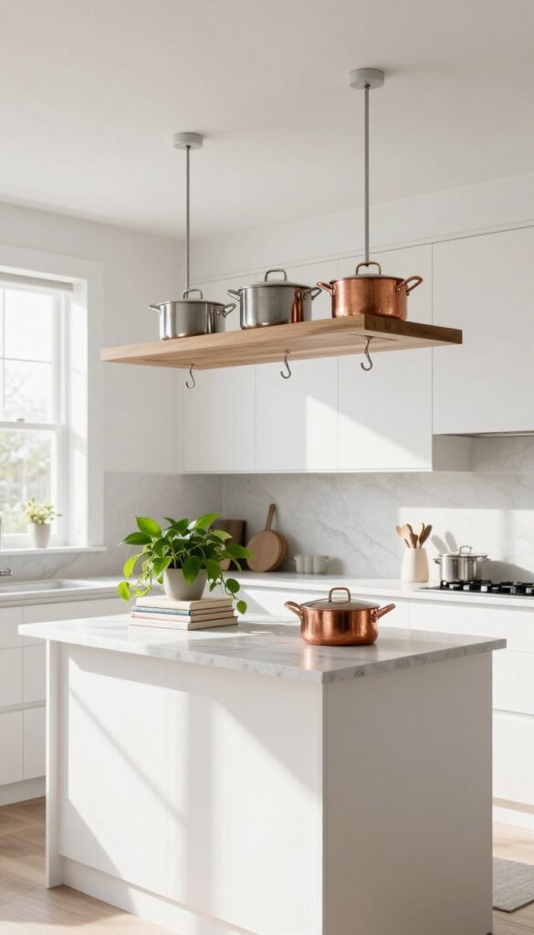 Ceiling-mounted pot rack with shelving in a bright kitchen
