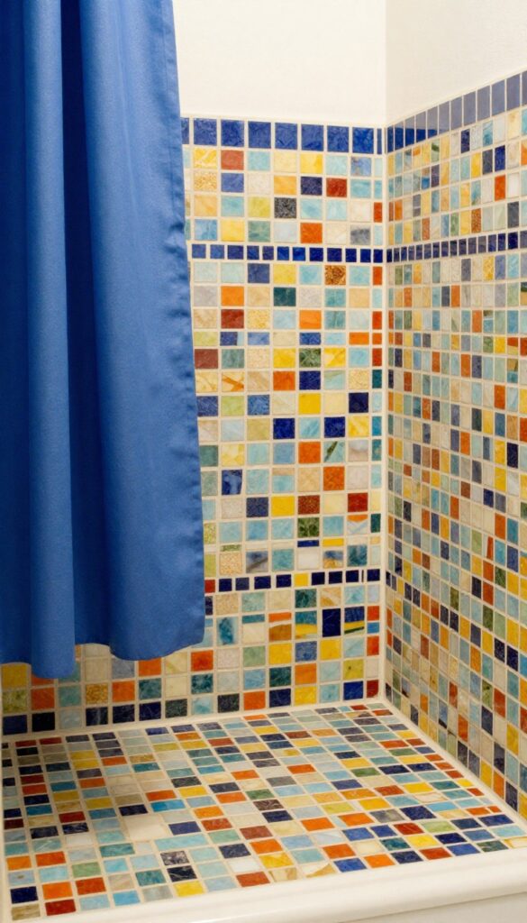 Mosaic tile shower threshold with colorful accents in a bright bathroom setting