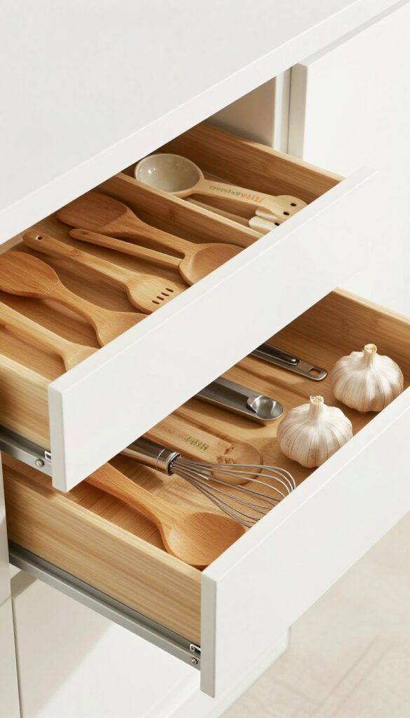 Open kitchen drawer with bamboo dividers organizing utensils and gadgets