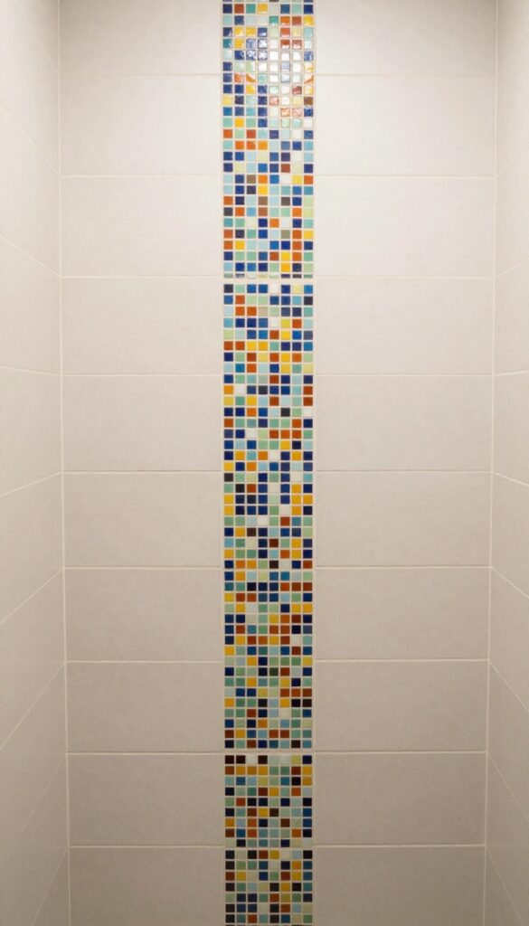 A shower stall featuring a pop of color from mosaic tile accent strips on the wall