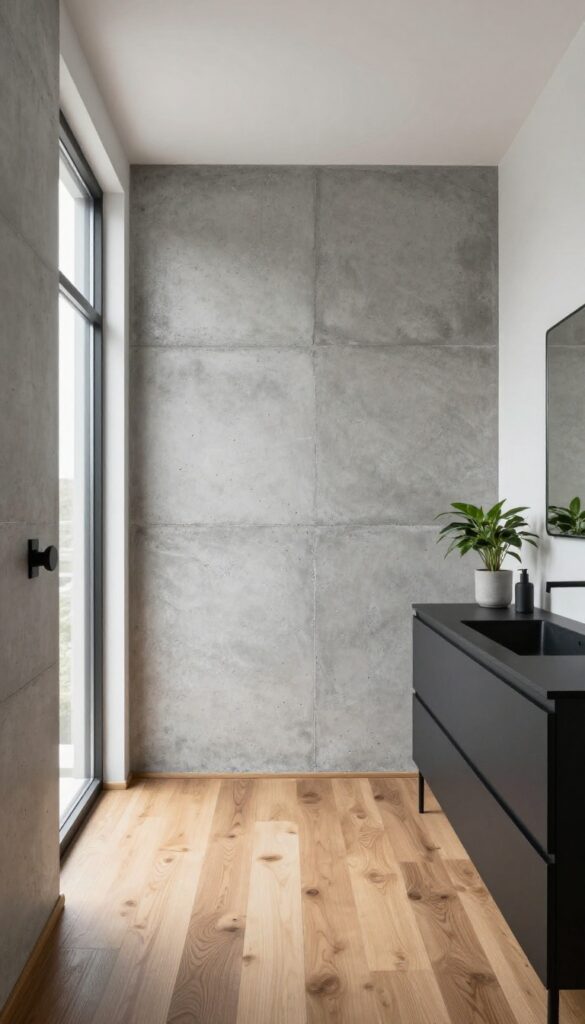 A minimalist concrete finish on a shower half wall in a bright bathroom with industrial vibes, featuring raw texture, matte black hardware, warm wood accents, and natural light.