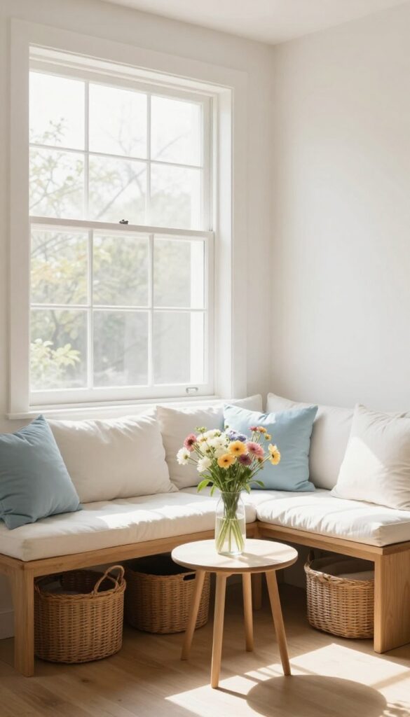 Window seat breakfast nook with cushioned bench and small table in sunny kitchen corner