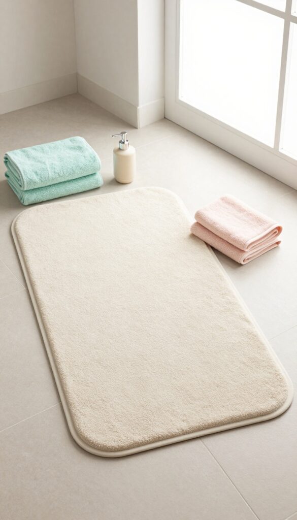 A memory foam shower mat in a bright, modern bathroom with plush towels and minimalist decor, showcasing comfort and style.