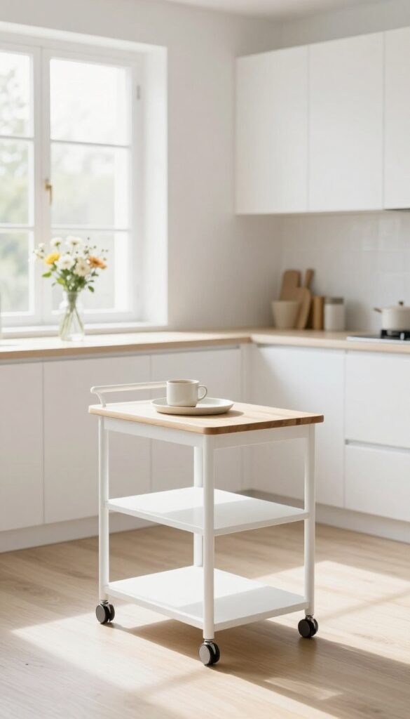 A light and airy kitchen featuring a slim white rolling cart with open shelving and a butcher-block top, positioned near a window with natural light.