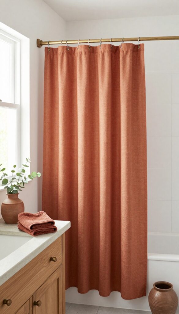 A farmhouse bathroom featuring a terracotta shower curtain with wooden accents and natural decor elements.