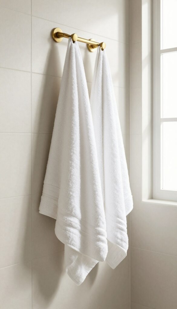 Plush white towels hanging on a brushed brass robe hook in a bright, modern bathroom with natural light, showcasing spa-like luxury touches for shower inspiration.