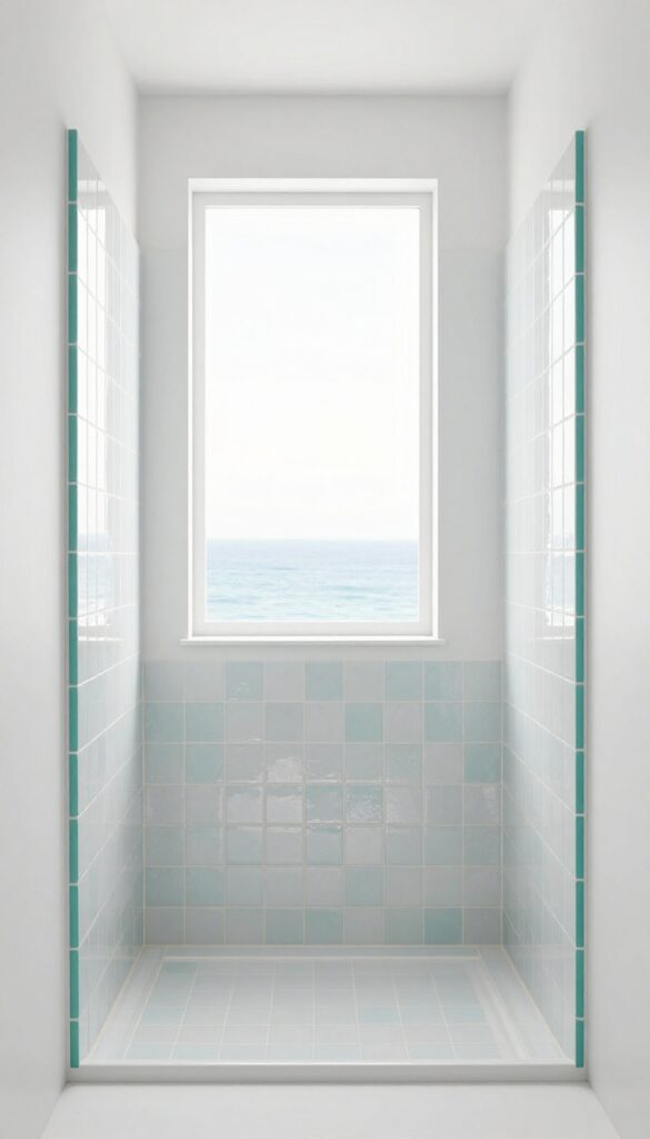 A coastal bathroom shower featuring a polished border of coral and teal tiles to define the space, with natural lighting and clean design for a stylish look