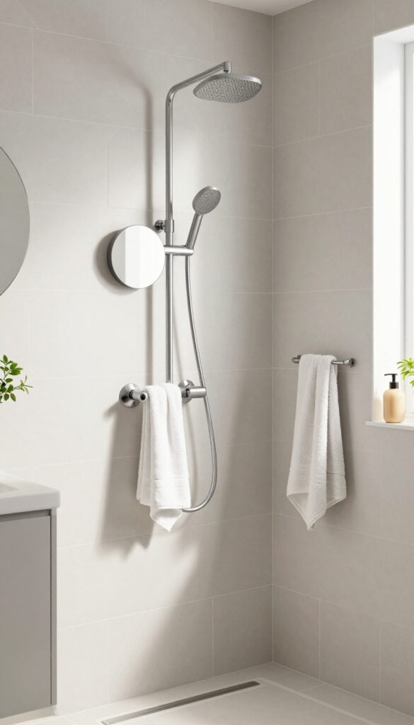 Modern bathroom shower stall with hexagonal tiles and angular fixtures in bright natural light, showcasing geometric shapes for a polished design.