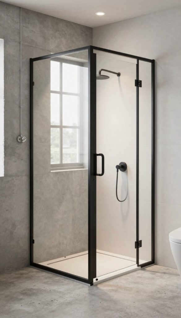 A modern industrial bathroom shower with a metal framed glass partition in bright natural light, showcasing sleek design and open space.