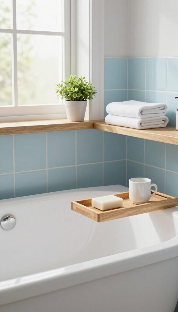 A bright bathroom with a bath and shower combo featuring white tiles and porcelain, warmed by wood-look accents like a floating shelf and bath tray to create a welcoming, lived-in feel.