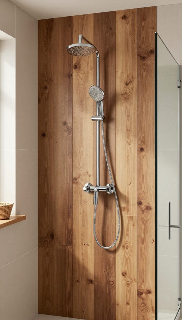 A photorealistic image of a shower featuring a reclaimed wood plank wall as a rustic accent, with natural light enhancing its texture against modern fixtures in a clean, inviting bathroom setting.