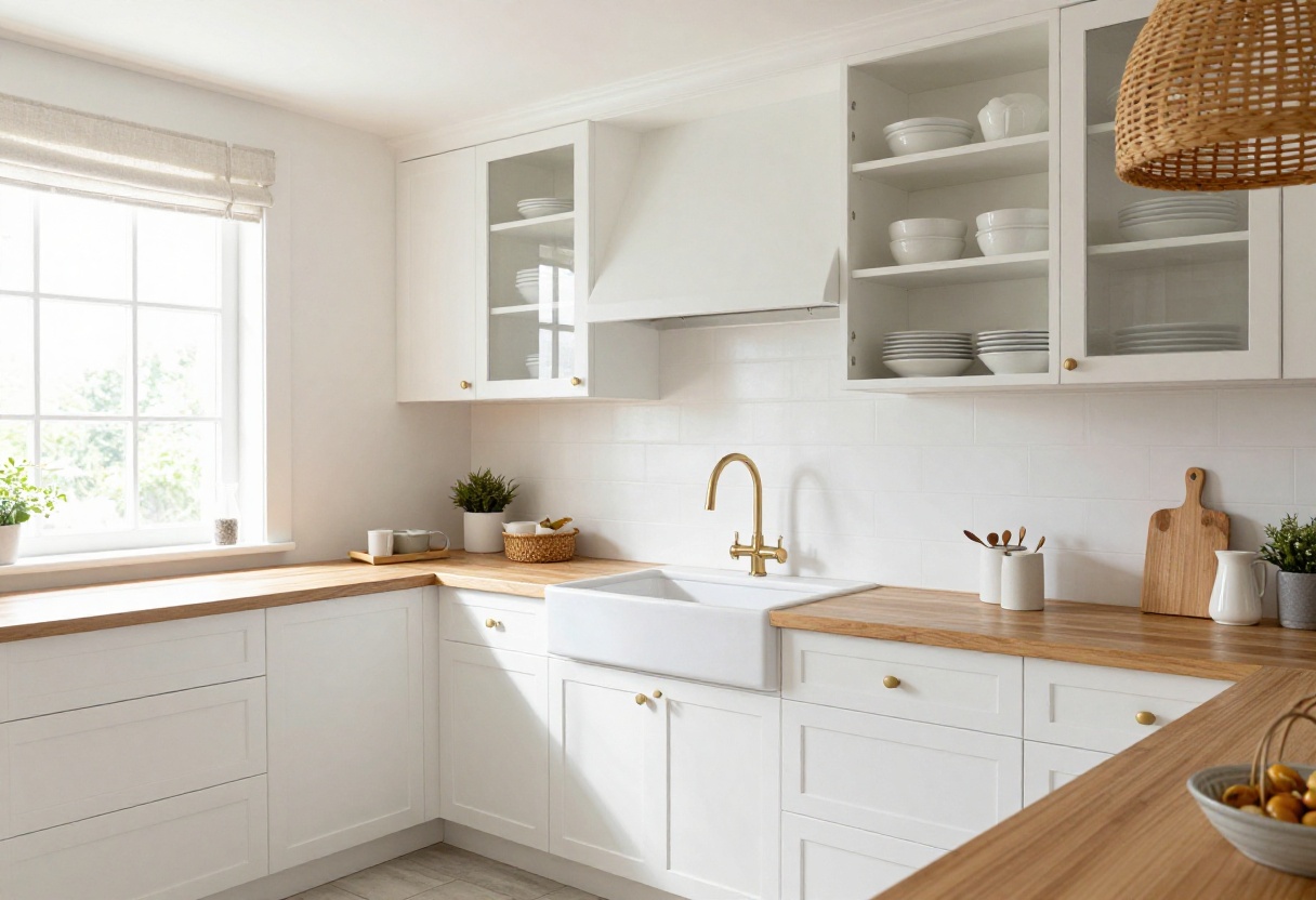 Light and airy Western-style kitchen with white cabinets, open shelving, farmhouse sink, and woven pendant lights.