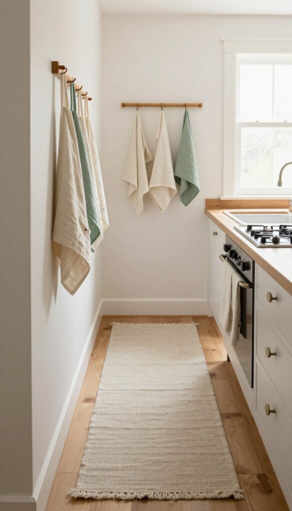 Country kitchen with linen runner and cotton dish towels adding natural texture