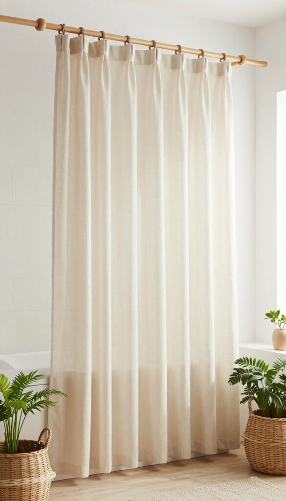 A boho-inspired bathroom with layered solid and sheer shower curtains in neutral and complementary colors, hung on separate rods with wooden rings, creating depth and texture under bright natural light.