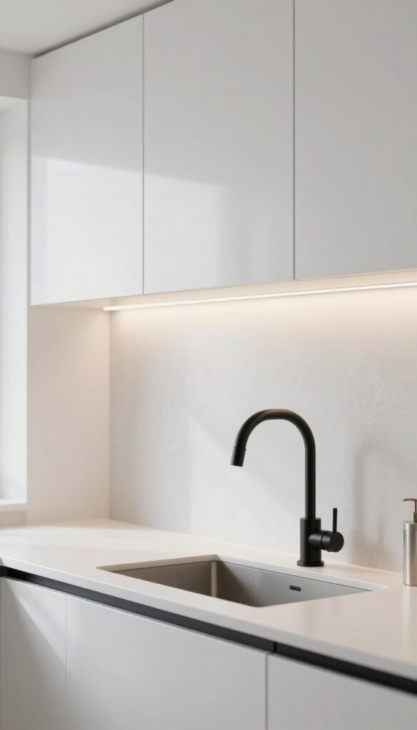 Frosted glass splashback panels in a bright modern kitchen with matte black fixtures