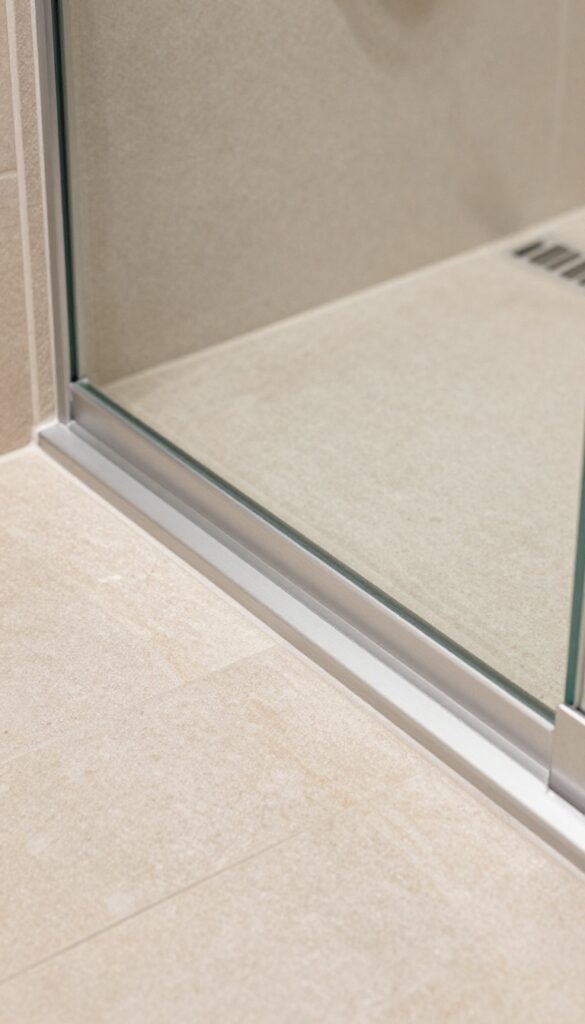 Close-up of a shower threshold with mixed glass and stone materials, showcasing a custom layered design in a bright bathroom setting.