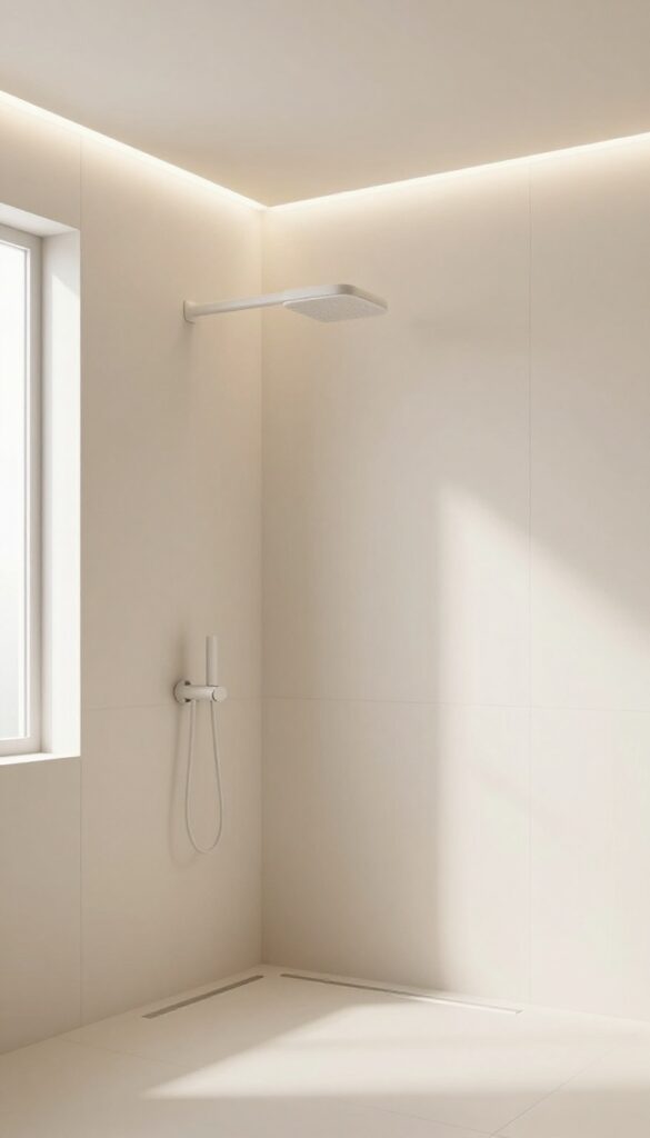A modern bathroom shower with waterproof LED strip lights along the ceiling edge providing soft indirect lighting in a clean and polished setting.