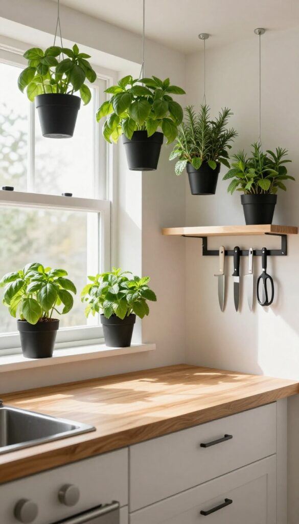 Hanging herb garden with prep station in a small kitchen nook