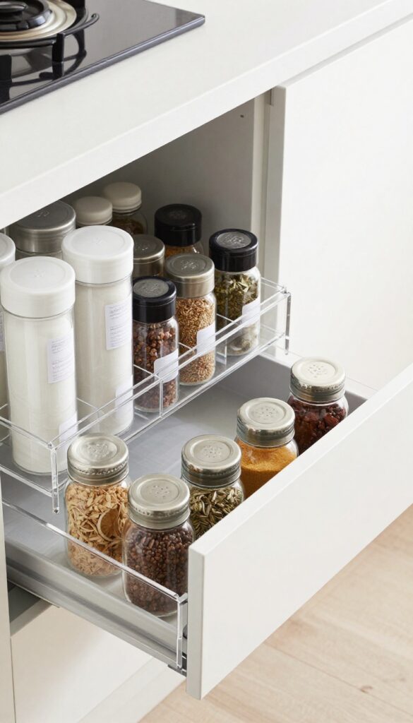 Deep kitchen drawer with clear acrylic organizers holding neatly arranged spice jars in bright natural light.