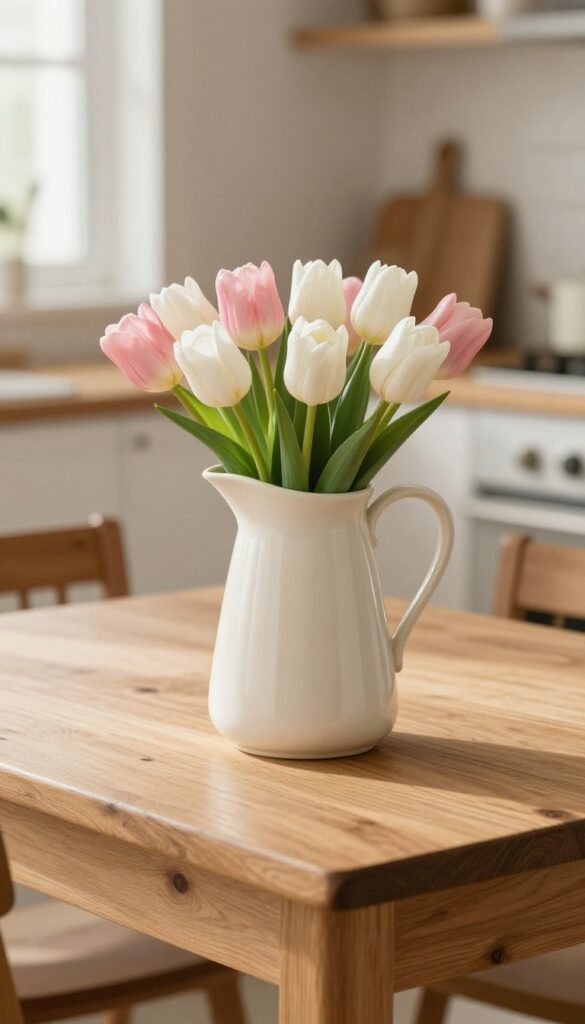 A single cream ceramic pitcher with pink and white tulips on a wooden kitchen table, natural light, minimalist centerpiece.