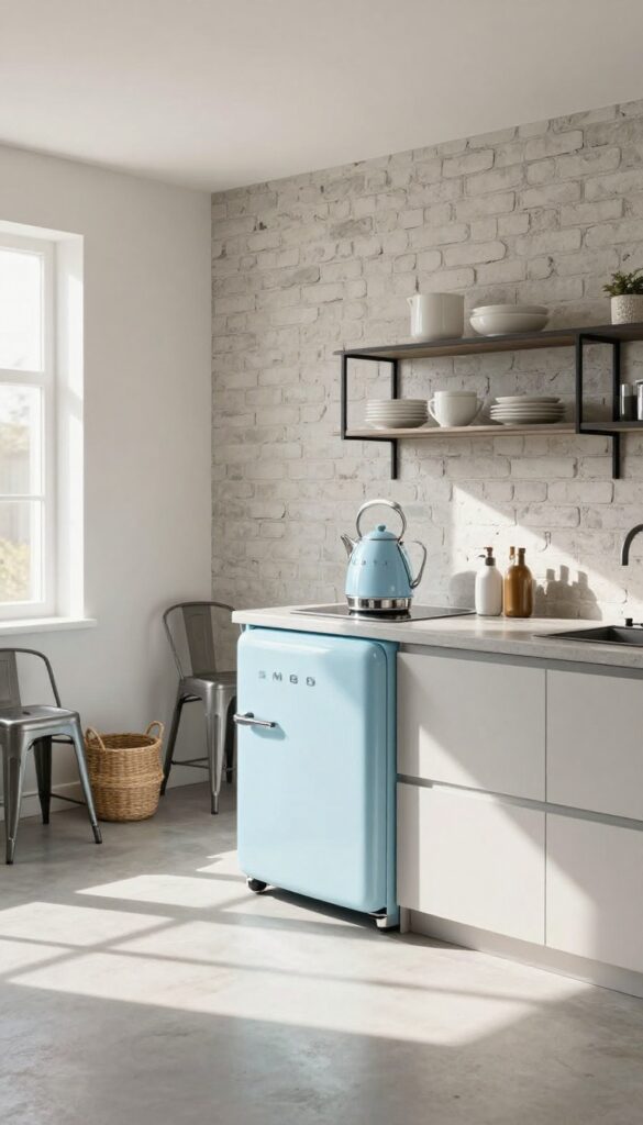 Smeg pastel blue appliances in an industrial kitchen with concrete countertops, exposed brick wall, black metal shelving, and matte steel stools.
