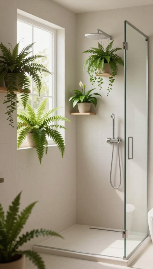 A bright, natural-light bathroom with green plants on shelves and hangers near a standing shower, showcasing a fresh and inviting decor idea.