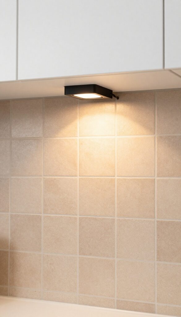 Plug-in picture light illuminating a textured tile backsplash in a small kitchen