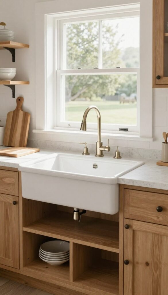 Slim white farmhouse sink with gooseneck faucet in a bright, clean kitchen