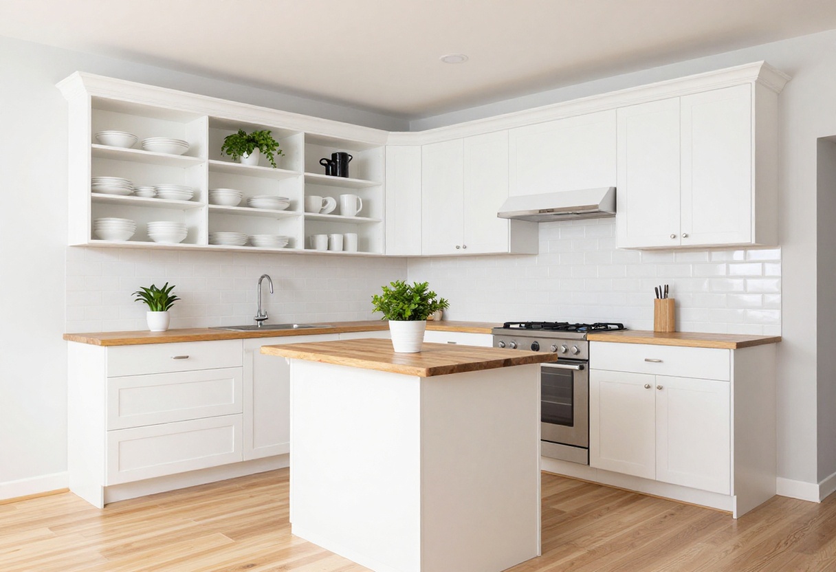 Bright small kitchen with open shelving, rolling island, and warm lighting