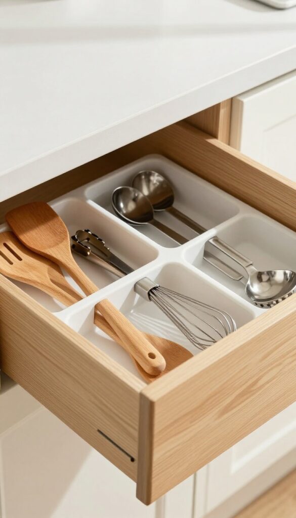 Organized kitchen drawer with dividers holding utensils neatly separated.