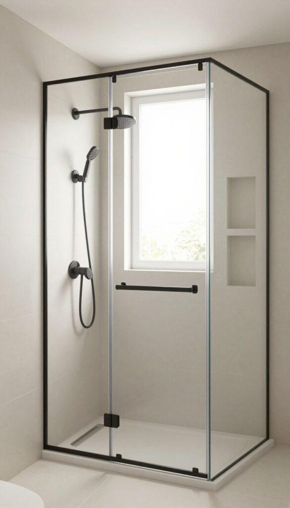 A corner shower enclosure in a small bathroom with clear glass, neutral tiles, and matte black hardware, designed to save space and create an open, modern look.