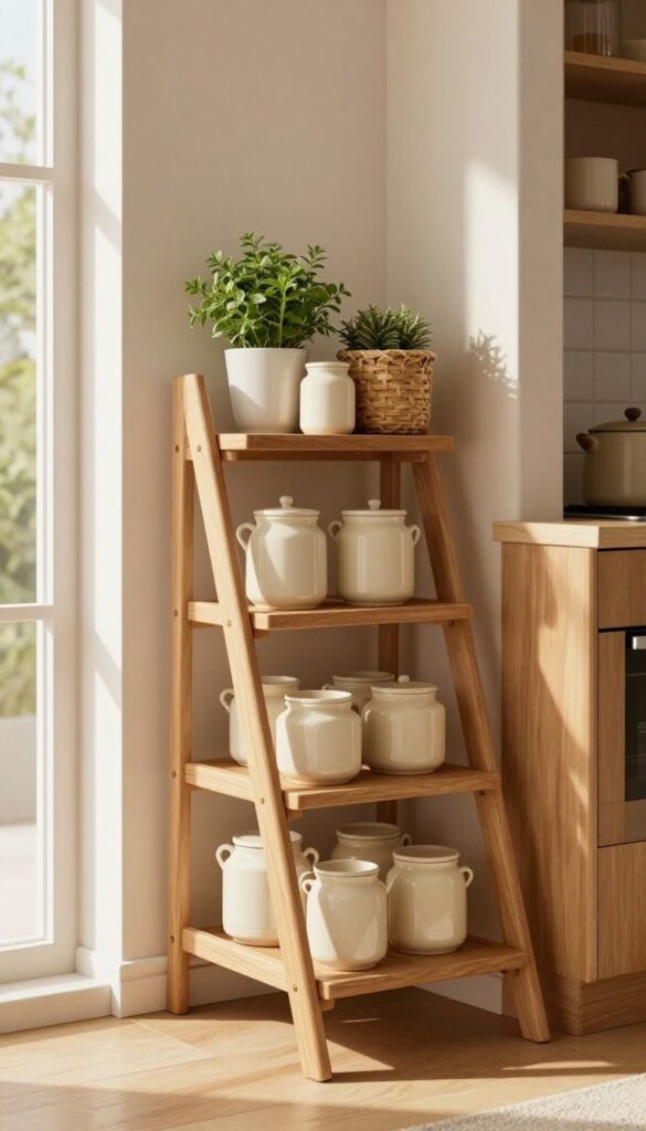 A wooden leaning ladder shelf in a small kitchen corner filled with ceramic jars, a plant, and a basket.