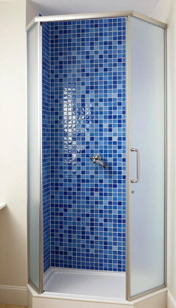 A steam shower bathroom with a focal point wall showcasing bold geometric mosaic tiles in deep blue patterns under bright natural light.