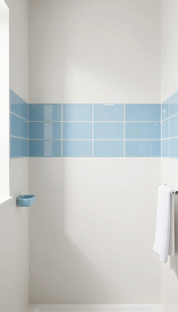 A close-up view of a glass tile accent strip in a shower, showcasing soft blue tiles that add color and shine to the bathroom without overwhelming the design.