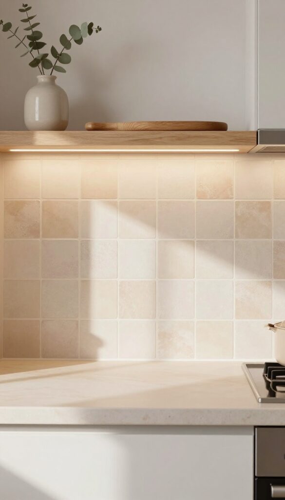Warm cream and blush zellige tile backsplash in a small kitchen with open wooden shelving and under-cabinet lighting