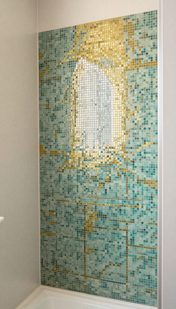 Close-up of a mosaic tile shower backsplash in teal and gold colors, showcasing intricate patterns that catch light in a bright, modern bathroom setting